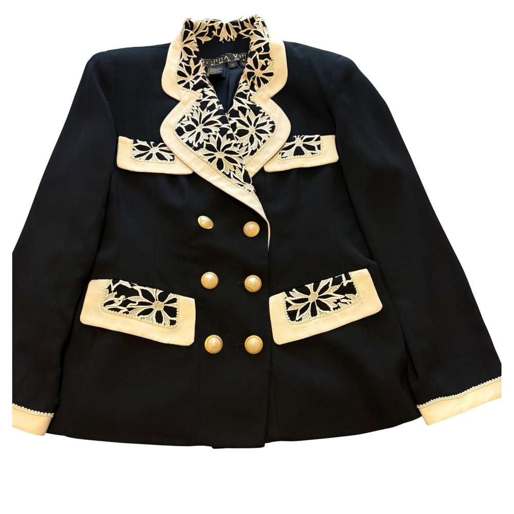 Vintage Donna Vinci Couture Black Cream Lace Suit Jacket Blazer 14 Double Breast